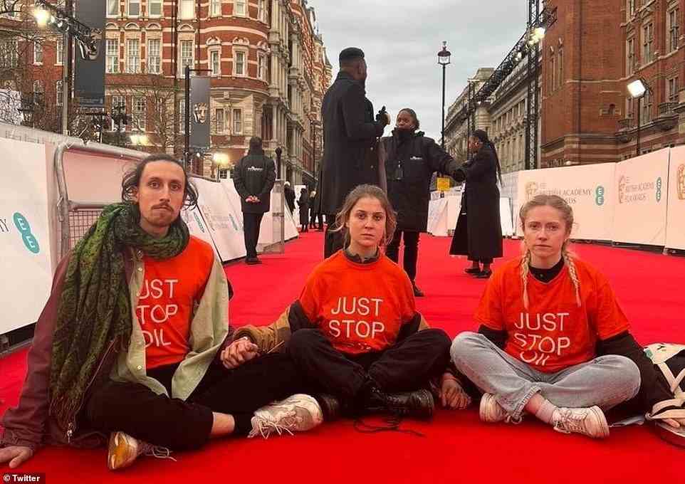 Speaking out: Eco-zealots have targeted the Bafta film awards and launched a protest on the red carpet where they were pictured chanting Just Stop Oil at celebrities as they arrived