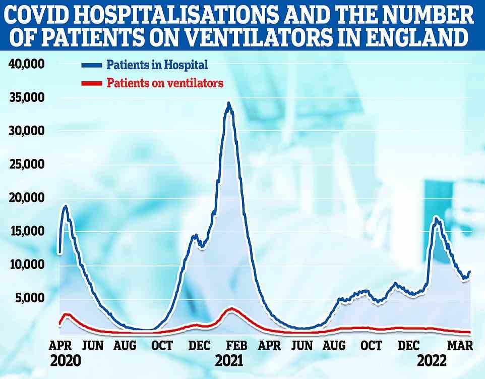 Graph shows: The number of Covid patients on ventilators in hospitals in England over time compared to the overall number of coronavirus patients over time