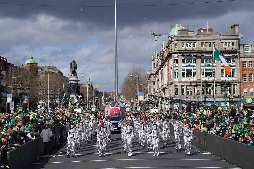 Performers at the St Patrick's Day Parade in Dublin, which has returned in full, with crowds on the streets of Dublin after Covid-19 put a pause on celebrations for the last two years