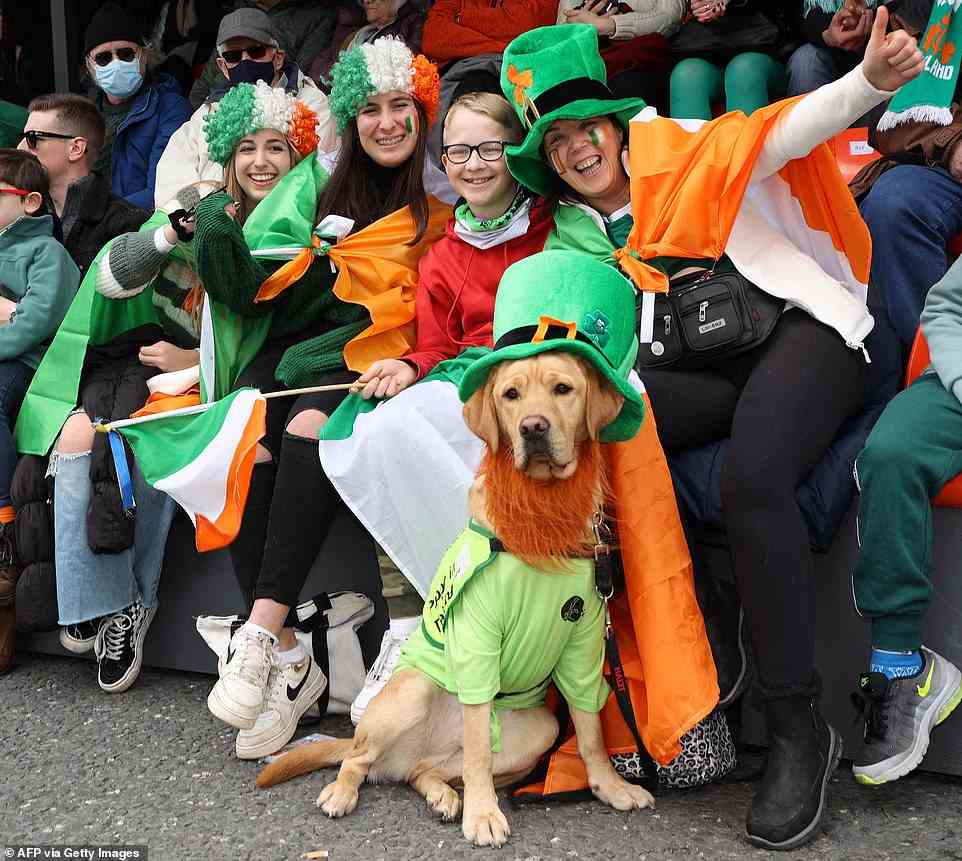 Deirdre Betson, her son Alex with Paula and Blanca, Garcia, and Alfie, an Irish guide dog, enjoy the annual St Patrick's Day parade in Dublin