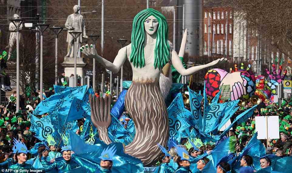 A mermaid-shaped float travelled through Dublin as part of the St Patrick's Day parade which returned for the first time in two years today