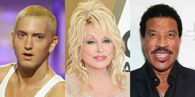 Im Februar wurde bekannt gegeben, dass Dolly Parton, Eminem (links) und Lionel Richie zu den diesjährigen erstmaligen Nominierten für die Aufnahme in die Rock &  Ruhmeshalle rollen.