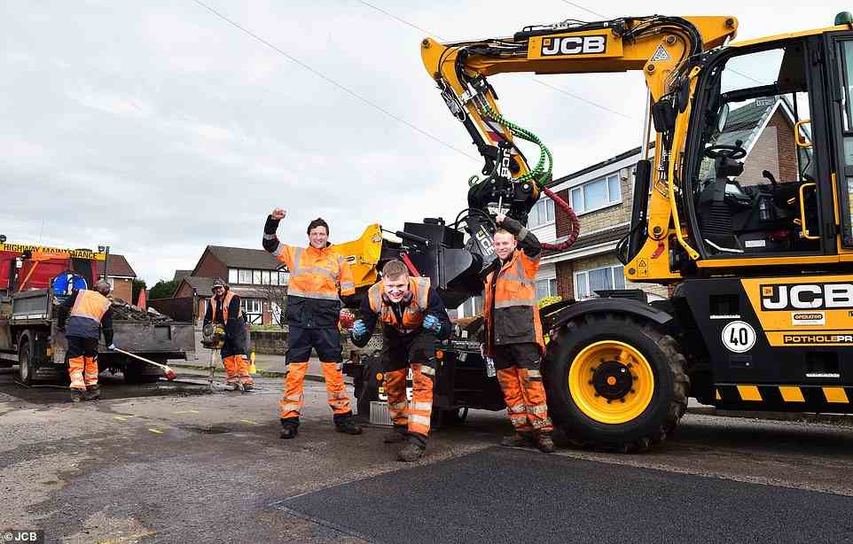 We are the champions: The JCB PotholePro team from Stoke-on-Trent City Council celebrate beating a traditional hand laying team. Pictured left to right are Highways Manager James Harper, Scott McNicholas and James Guest