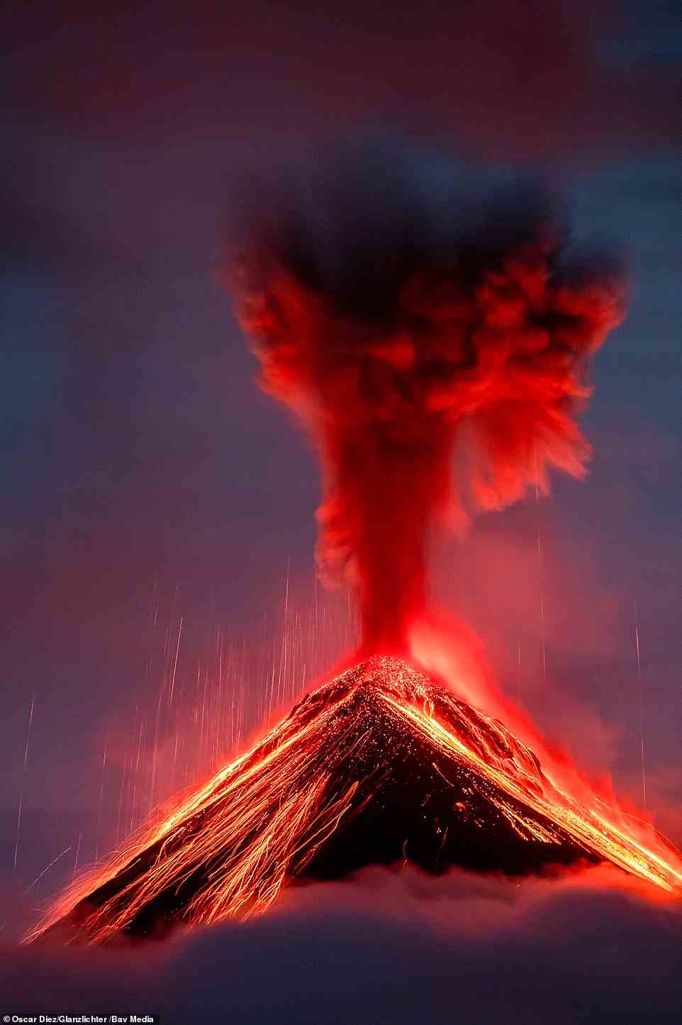 Spaniard Oscar Diez spotted this volcanic eruption in terrifying real time in April 2021. The Acatenango volcano in Guatemala, central America is one of the region's highest peaks - and a fiery cauldron. Diez sat tight till the evening so the dark grey sky, scarlet smoke and glowing red lava would make for a stark visual contrast. It was worth the wait.