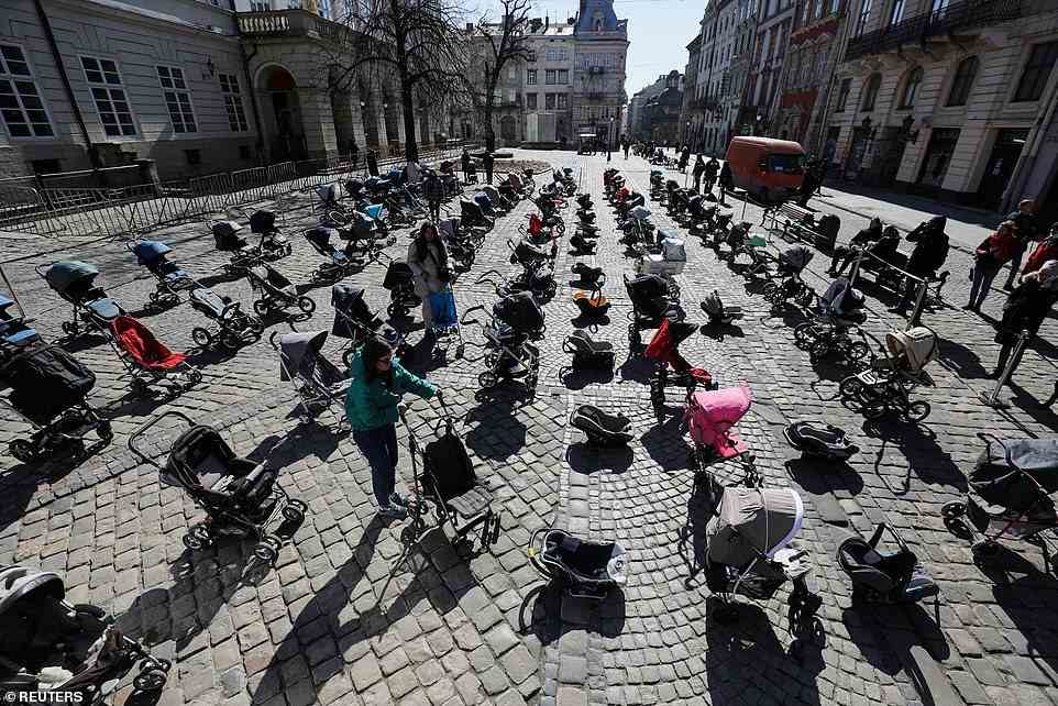 109 empty baby carriages on display in Lviv city center for the 109 babies killed so far during Russia's invasion of Ukraine