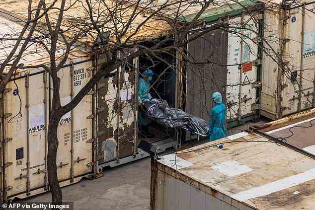 Arbeiter transportieren am 16. März in der öffentlichen Leichenhalle Fu Shan in Hongkong eine Leiche von einem Lastwagen in einen Kühlcontainer