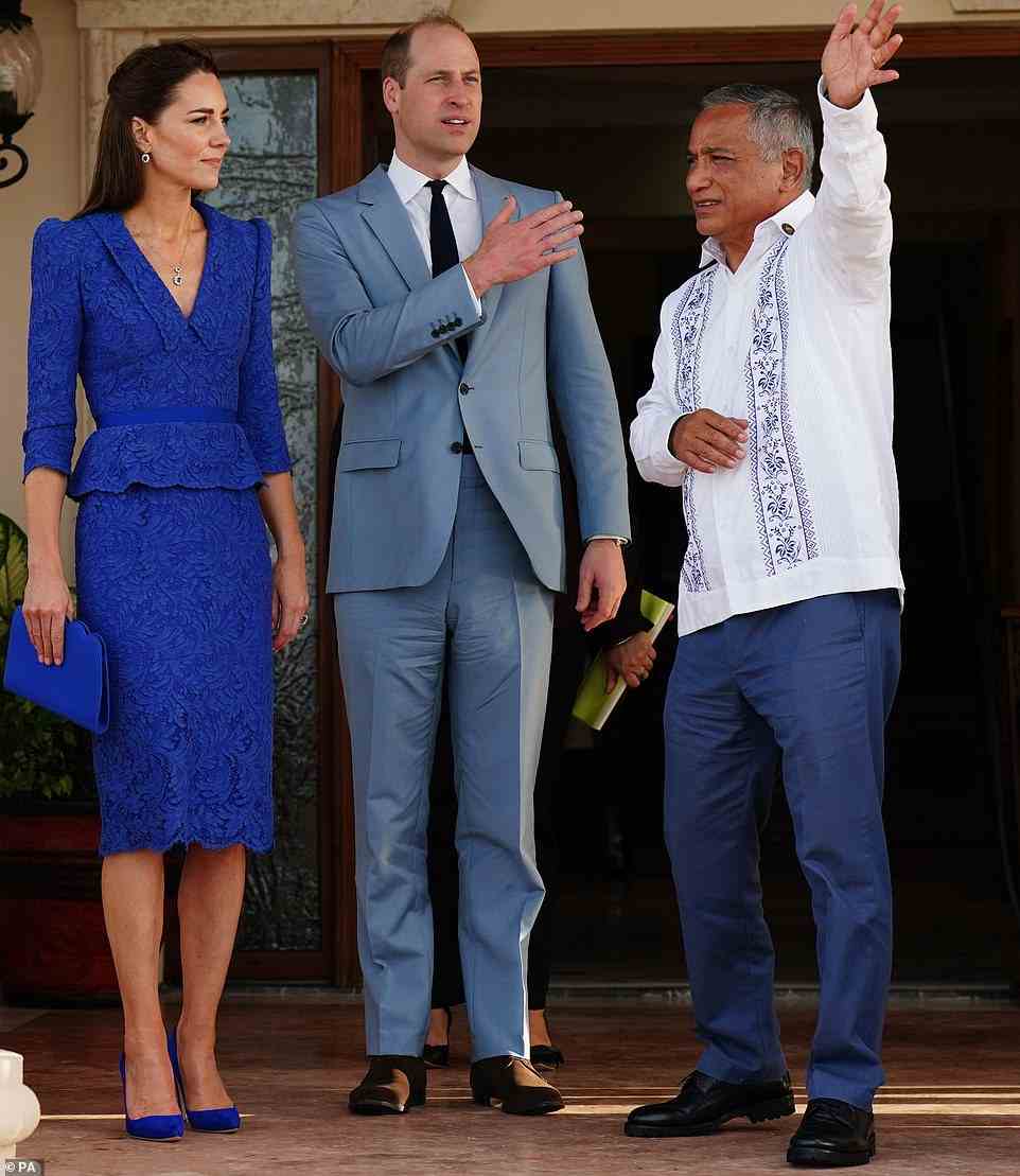 The Duke and Duchess of Cambridge meeting the Prime Minister of Belize Johnny Briceno, at the Laing Building, Belize City