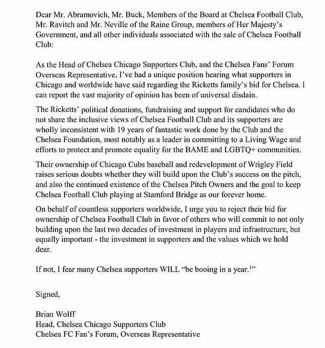 Brian Wolff, Leiter des Chelsea Chicago Supporters Club, behauptet, eine Übernahme durch die Ricketts-Familie würde schlechte Nachrichten für den Club bedeuten