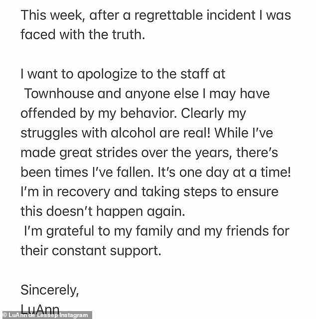 Public apology: The reality star released a statement on Instagram on Saturday in which she apologized for her public relapse in New York City