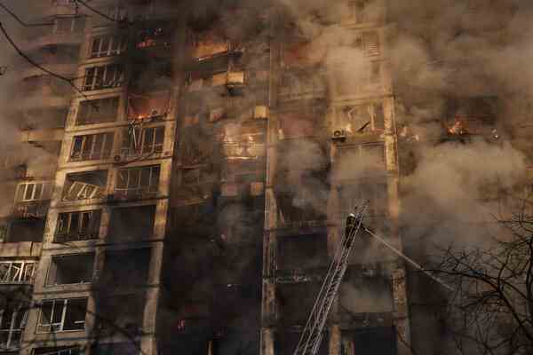 A burning apartment building.