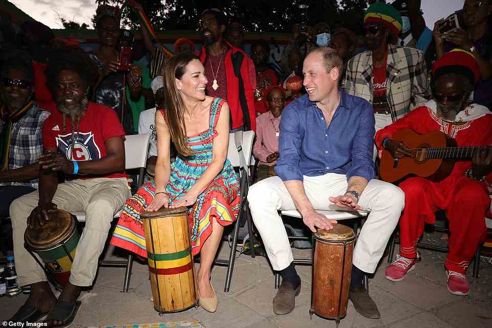 And in the evening William and Kate played the bongos during a visit to Trench Town Culture Yard Museum where Bob Marley used to live and wrote No Woman No Cry