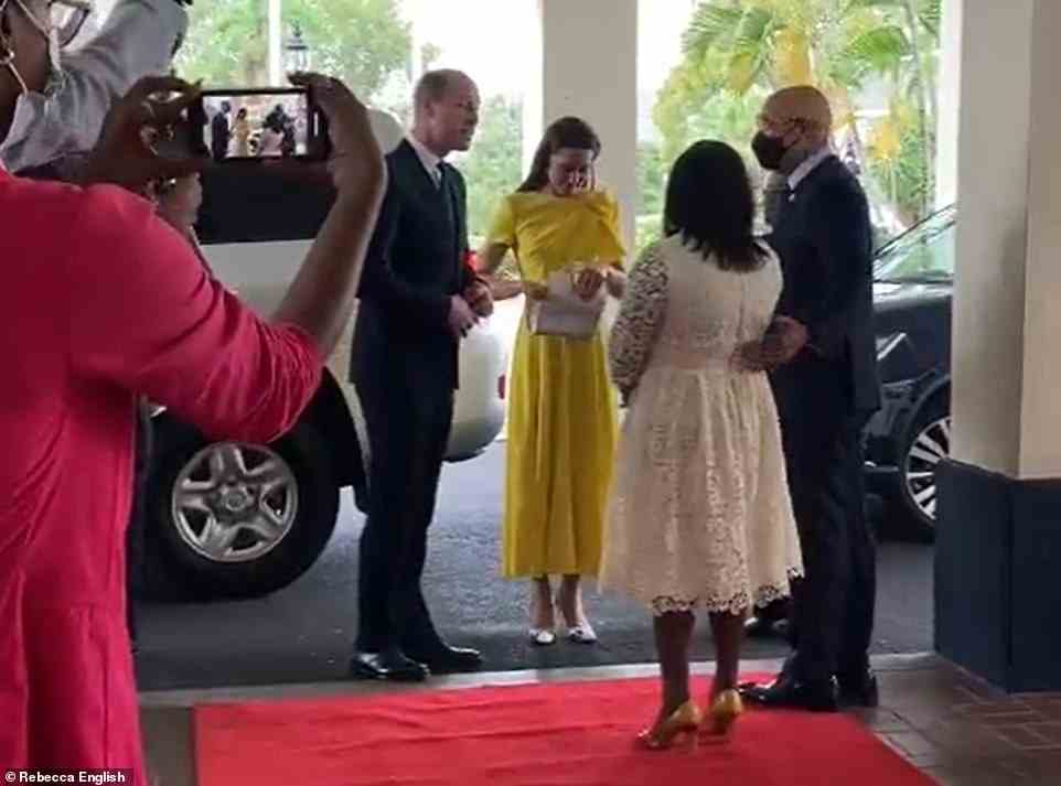 William and Kate arrive for an official meeting with the Governor General of Jamaica shortly after leaving the airport on Tuesday