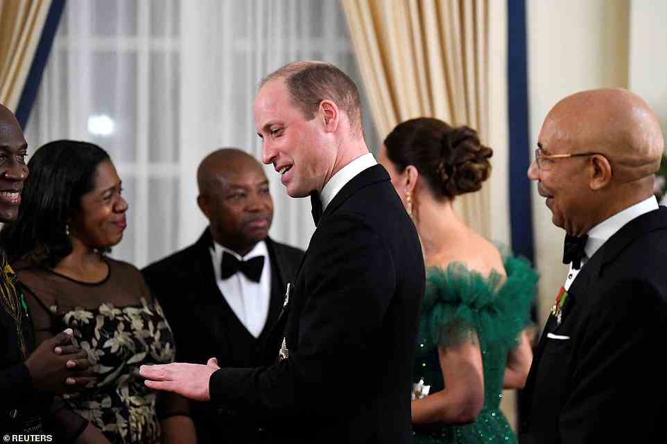 Pictured: Prince William attends a dinner hosted by the Governor General of Jamaica Patrick Allen and his wife Patricia on the fifth day of her tour of the Caribbean