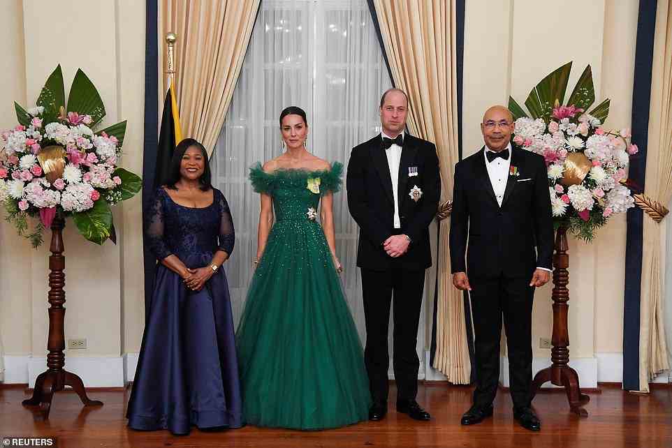 Pictured: Prince William and Kate pose for a picture with Governor General of Jamaica Patrick Allen and his wife Patricia on the fifth day of their tour