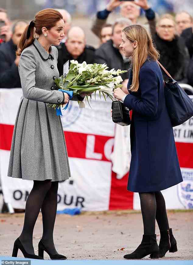 Royal engagements: Ms Barrows with the Duchess of Cambridge on a visit to Leicester City Football Club's King Power Stadium following the devastating helicopter crash of 2018