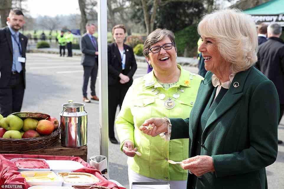 The Duchess of Cornwall and local councillor Mary Murphy sampled some of the local ice-cream at the market
