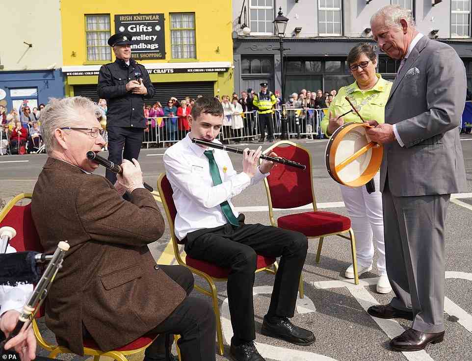 The Prince of Wales was treated to a performance of Irish music by local musicians. After learning to play the Bodhran during his visit to an Irish Cultural Centre in London two weeks ago, he put his lesson to good use and got involved on the fun