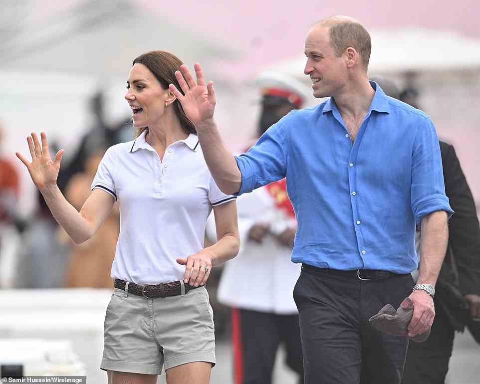 Pictured: Prince William and Kate wave to excited crowds as they attend The Bahamas Platinum Jubilee Sailing Regatta at Montagu Bay