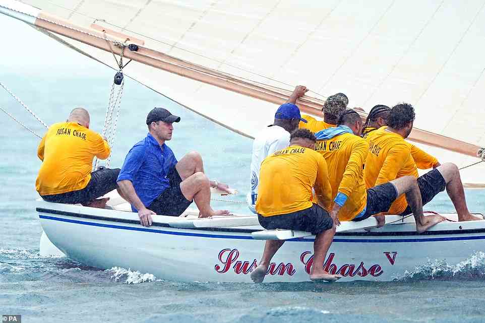 The royal coupe raced against each other in the choppy waters. William's boat came in about five minutes ahead of four others including one featuring the Duchess of Cambridge, who suffered the ignominy of coming in last with her crew