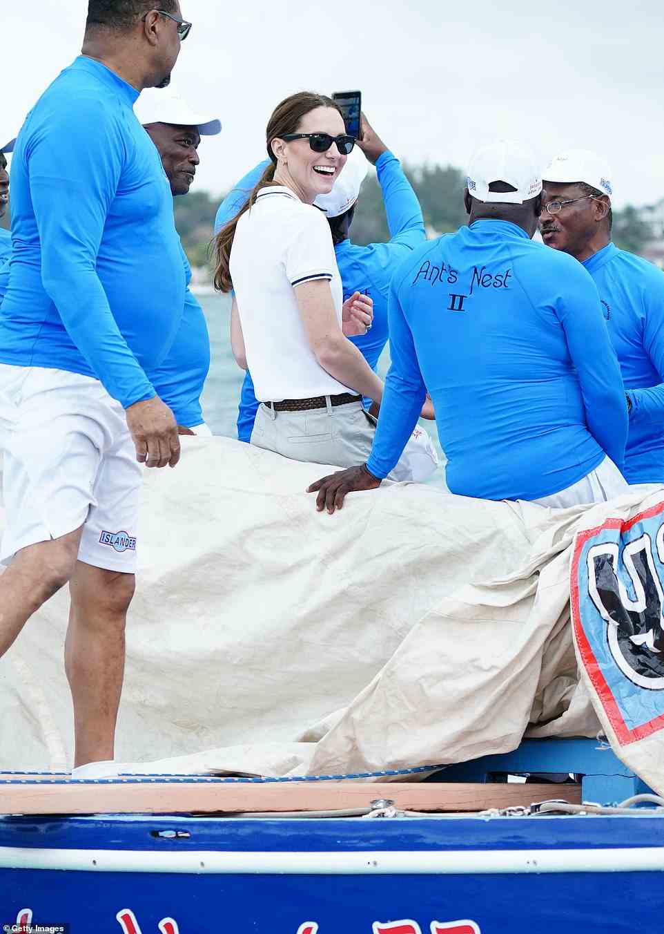 The duchess is pictured onboard a boat from the Bahamas Platinum Jubilee Sailing Regatta