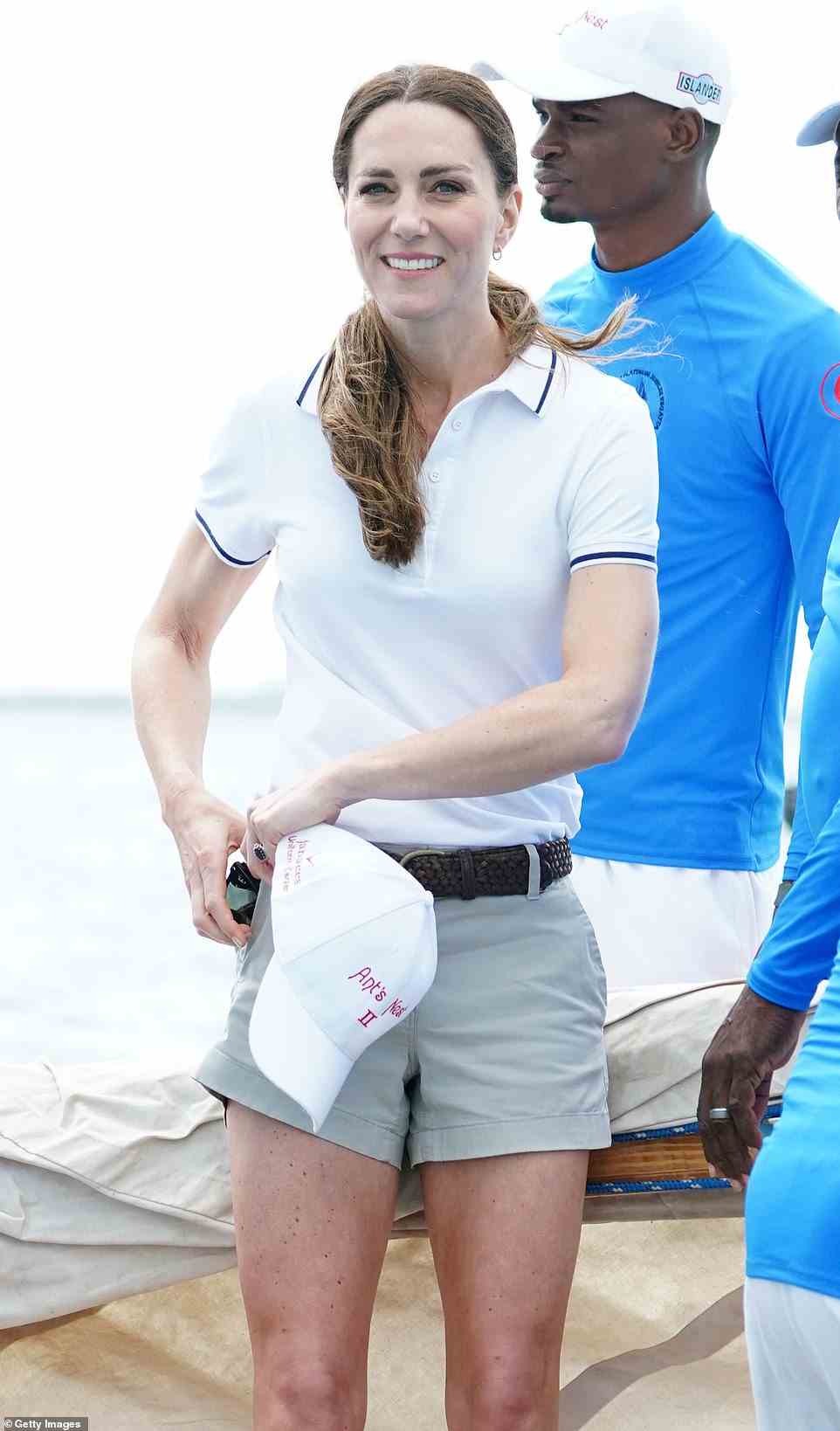 Kate is pictured onboard a boat from the Bahamas Platinum Jubilee Sailing Regatta at Montagu Bay, one of the first sailing regattas in the Bahamas since the start of the pandemic