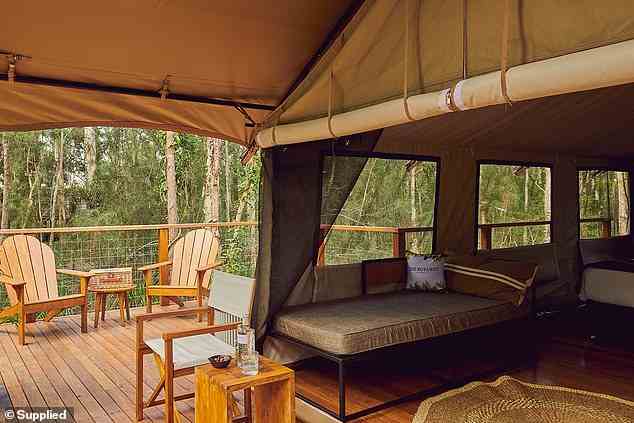 Alle Zelte verfügen über eine umlaufende Terrasse mit Gartenmöbeln, polierten Hartholzböden, vollständigem Insektenschutz, solarbetriebener Beleuchtung sowie hochwertiger Bettwäsche und allen Hotelannehmlichkeiten, die Sie für ein luxuriöses Campingerlebnis erwarten