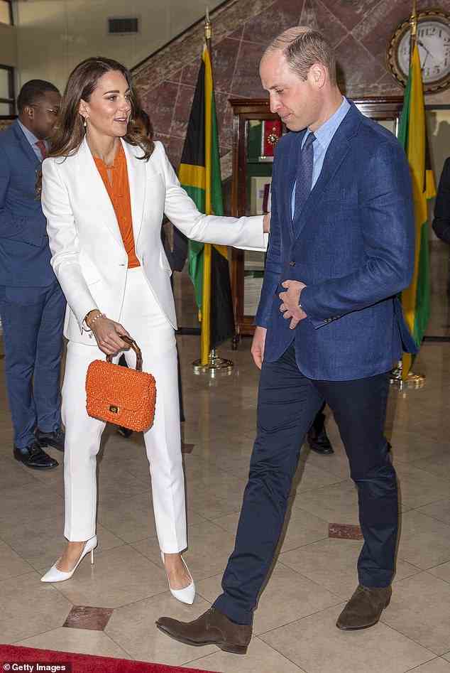On Wednesday, ahead of a meeting with the Prime Minister of Jamaica, confident Kate placed a reassuring hand on Prince William's arm