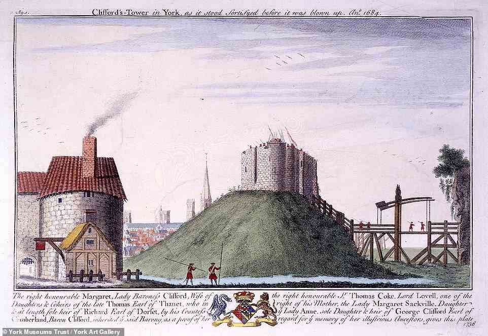 Above is an engraving of Clifford’s Tower in 1680, before it was blown up in 1684
