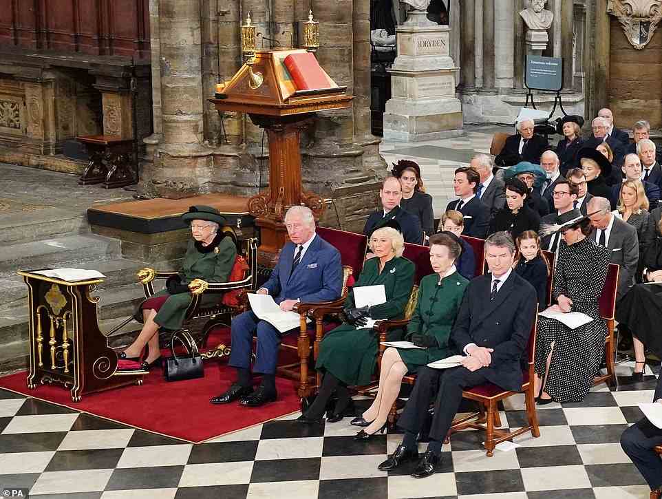 The Queen, the Prince of Wales and the Duchess of Cornwall, the Princess Royal, Vice Admiral Sir Tim Laurence. (second row left to right) The Duke of Cambridge, Prince George, Princess Charlotte, the Duchess of Cambridge during a Service of Thanksgiving for the life of the Duke of Edinburgh