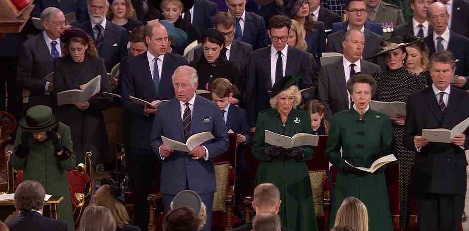 The royal family - who were facing many of Prince Philip's own family members, including the Hereditary Prince and Princess of Baden (far right opposite the Duchess of Cornwall and Princess Royal), were seen paying an emotional tribute to Prince Philip