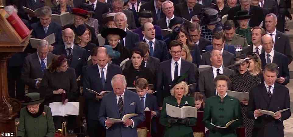 Princess Beatrice, third row, far left, looked sombre as she joined the congregation in singing as part of the tribute to her grandfather - she was seated next to her husband Edoardo Mapelli Mozzi