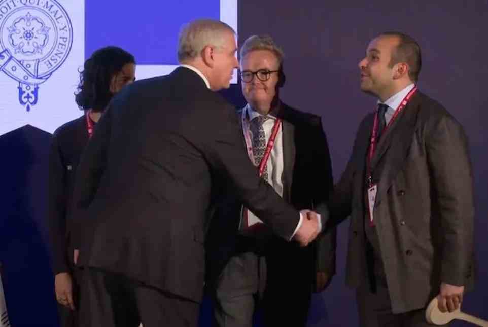 The payment to Andrew came days after Mr Turk won an award at the Duke's Dragons Den-style competition, known as Pitch@Palace, at St James's Palace. Pictured: Andrew shakes Turk's hand at a Pitch@Palace event