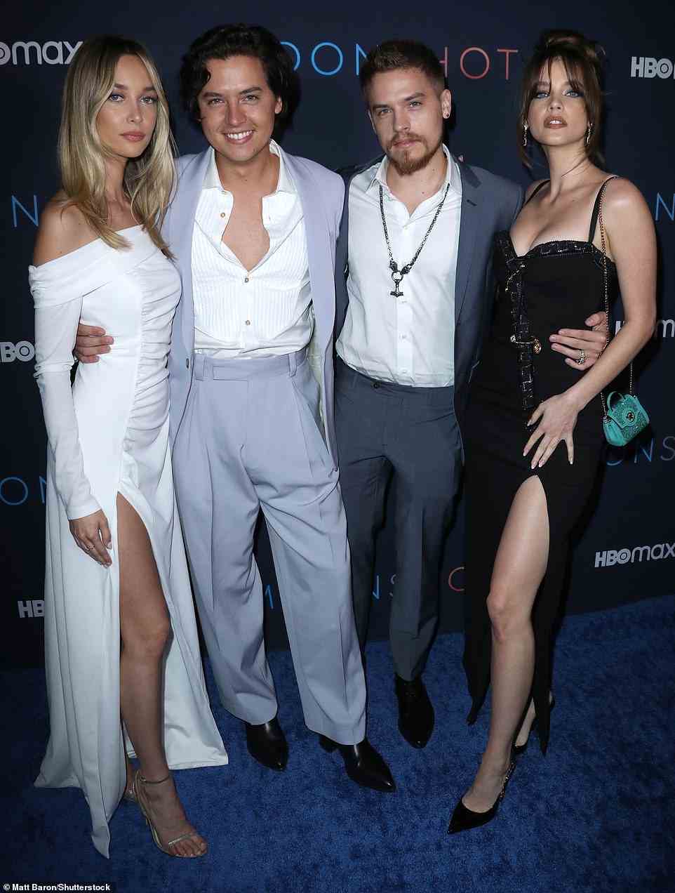 Cute foursome: Cole Sprouse cut a dapper figure in a gray suit as he and Ari Fournier were joined by his brother Dylan and Dylan's partner Barbara Palvin at the Moonshot premiere