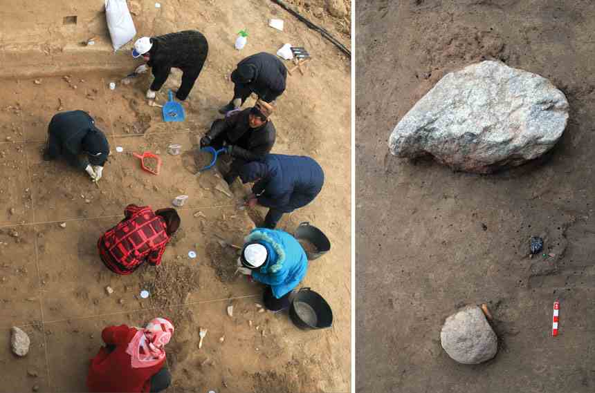 Links: Bagger bei der Arbeit an einer archäologischen Stätte in Nordchina.  Rechts: ein kleiner Stein und ein größerer Stein auf dem Boden