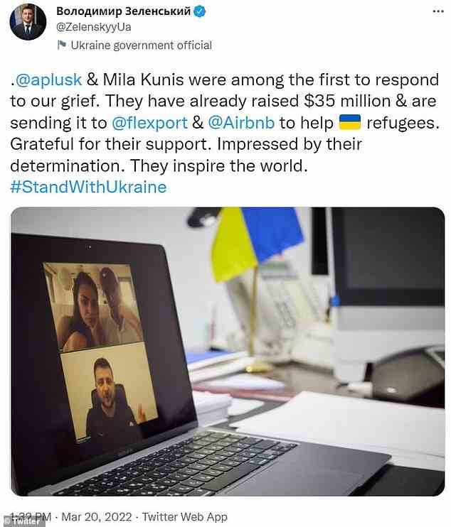 Video-Chat mit dem Präsidenten: Präsident Wolodymyr Zelenskyy, 44, hatte einen Videoanruf mit dem prominenten Ehepaar Mila Kunis, 38, und Ashton Kutcher, 44, um ihnen für ihre Bemühungen bei der Unterstützung ukrainischer Flüchtlinge zu danken