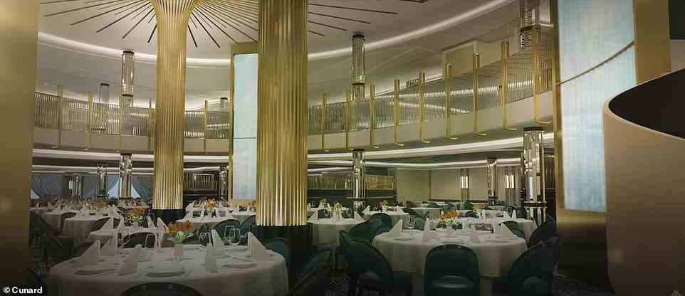 Cunard hat weitere Renderings veröffentlicht, die weitere Einblicke in die beeindruckenden Innenräume von Queen Anne bieten, einschließlich ihrer Suiten, Speisebereiche, Bar und großen Lobby.  Oben befindet sich eines der 15 Restaurants des Schiffes, das in Goldtönen geschmückt ist, um die „luxuriöse, aber raffinierte“ Designästhetik des Schiffes zu unterstreichen