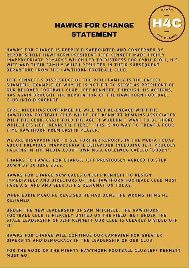 Die vollständige Erklärung, die von der Unterstützergruppe Hawks for Change nach den Kommentaren von Cyril Rioli über den Club und Kennett veröffentlicht wurde