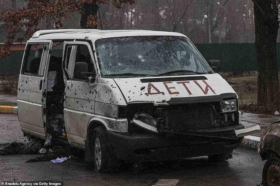Boris Johnson has condemned Russia's despicable attacks' on Ukrainians living in the besieged cities of Bucha and Irpin after a van with 'children' written on it was found riddled with bullet holes