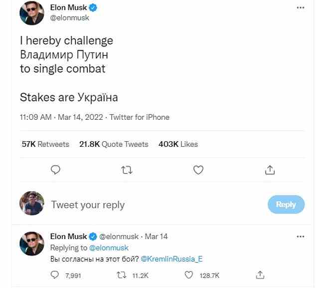 Am selben Tag, an dem das SEC-Dokument eingereicht wurde, forderte Musk Wladimir Putin auf Twitter zu einem Kampf heraus