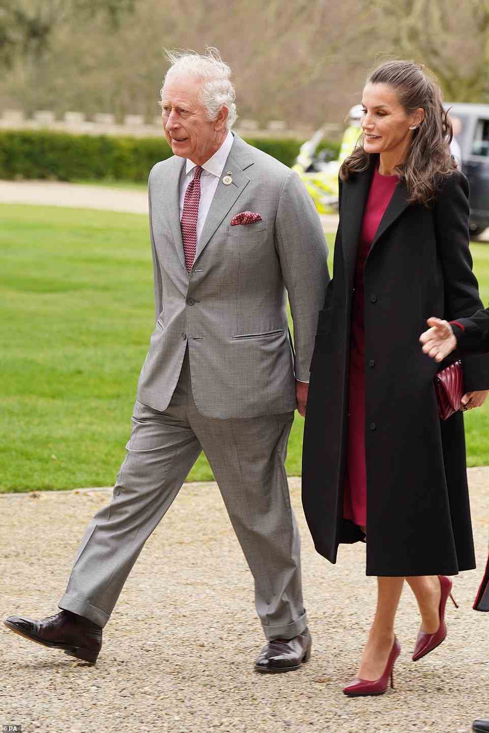 Prince Charles and Queen Letizia, who days ago attended Prince Philip's memorial service in London, appeared to be in high spirits during the visit