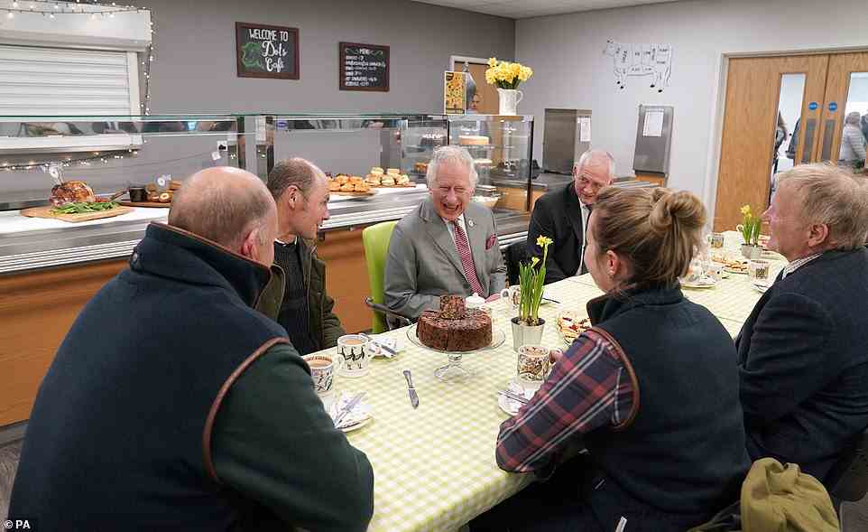 The Prince of Wales appeared in great spirits on Tuesday as he chatted to farmers in Dot's Cafe, County Durham