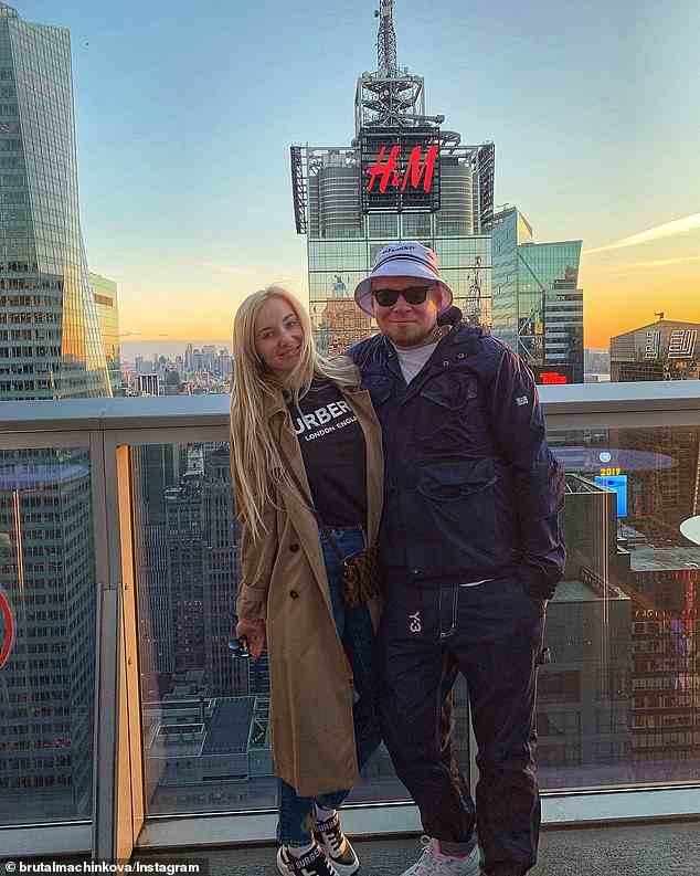 The couple are pictured at the rooftop bar of the Hyatt Hotel near Times Square in October 2019