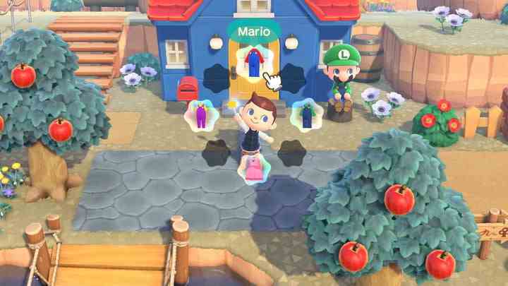 Ein Spielercharakter bereitet sich darauf vor, sich in Animal Crossing: New Horizons als Mario zu verkleiden.