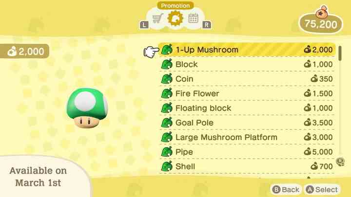 Eine Liste mit Mario-Gegenständen, die im Shop von Animal Crossing: New Horizons erhältlich sind.