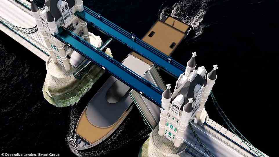 Renderings zeigen, dass das Schiff an einigen der berühmtesten Wahrzeichen Londons vorbeifahren wird, wie der abgebildeten Tower Bridge