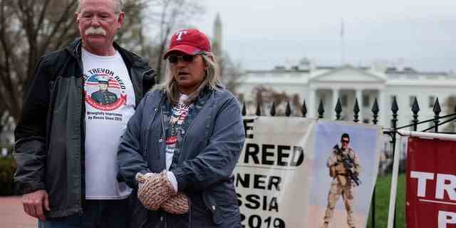 WASHINGTON, DC - MARCH 30:  Joey Reed and Paula Reed, the parents of Trevor Reed, a U.S. Marine who is currently being detained in a Russian prison, demonstrate in Lafayette Park near the White House on March 30, 2022, in Washington, DC. 
