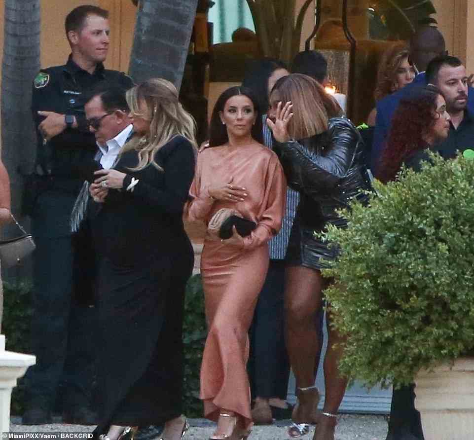 Wow: Desperate Housewife Eva Longoria arrived in a beautiful peach silk floor-length gown for the rehearsal dinner later in the day while tennis star Serena Williams wore a short black dress