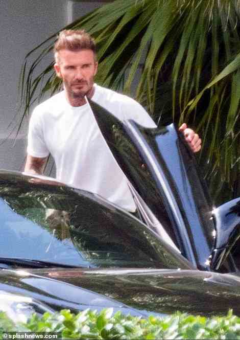 Parents: Elsewhere, David and Victoria Beckham arrived to the Peltz family compound in style, travelling in a polished black Maserati MC20, followed by a black Cadillac Escalade on Friday