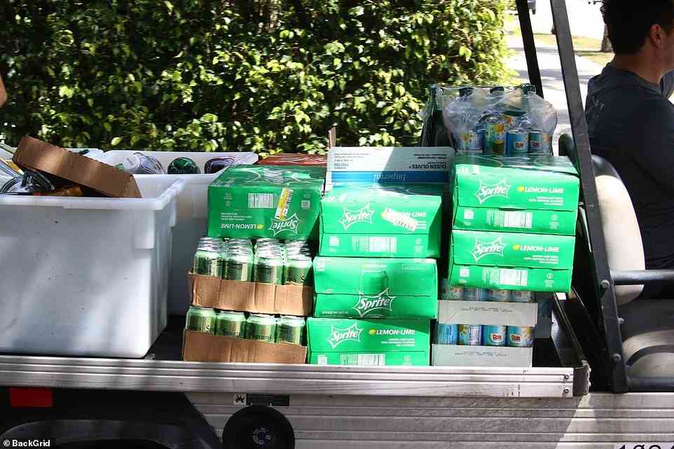 Refreshments: Crates of Sprite and other soft drinks were also carted through the Peltz family grounds, where Brooklyn and Nicola will get married later on Saturday