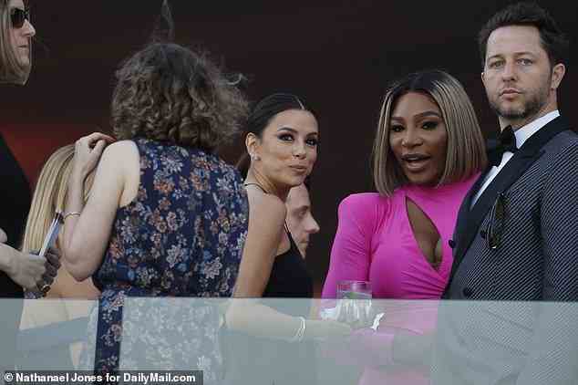 Pals: Eva Longoria was seen spending time with tennis legend Serena Williams as they stood on the balcony during star-studded event